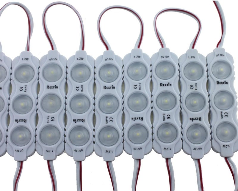 REXTiN ريكسين سوبر برايت 200 قطعة نموذج جديد 2835 3 وحدة LED 120-150LM لكل وحدة ضوء زخرفي مقاوم للماء للإعلانات مع شريط لاصق خلفي (أزرق) - Image 1
